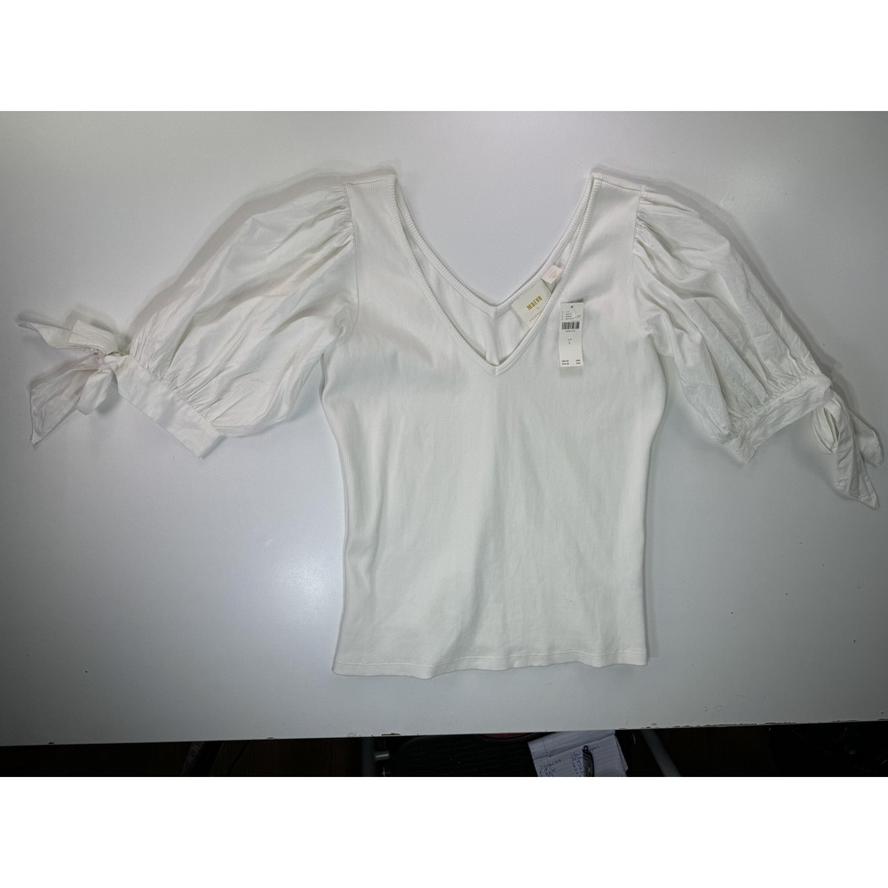 Maeve Anthropologie Shirt Womens Large White Puff Sleeve Tie Cuff V Neck Top - Picture 2 of 11